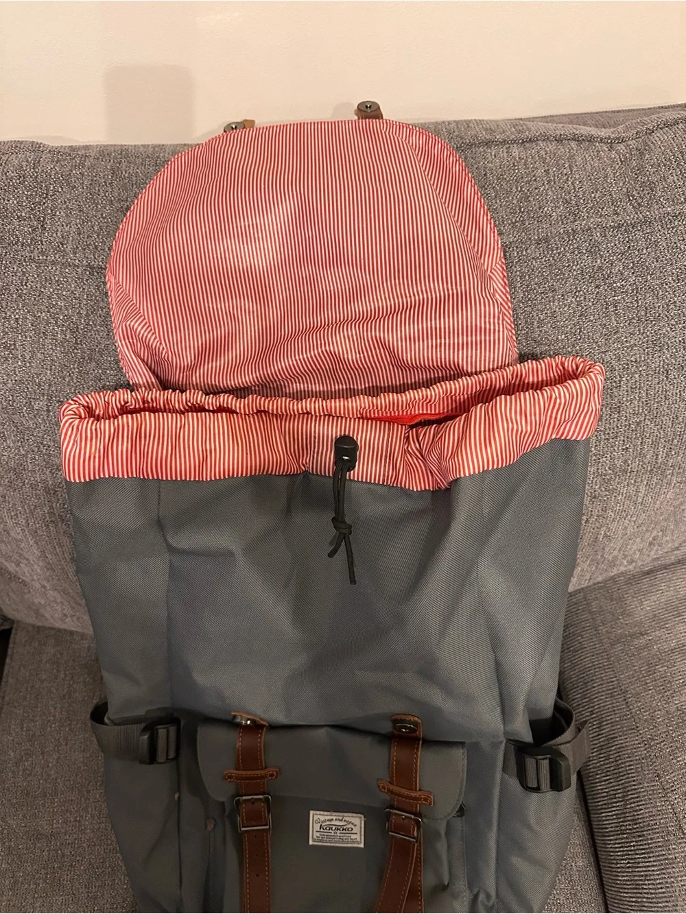 Grey Canvas Men's Backpack with Brown Leather Straps -